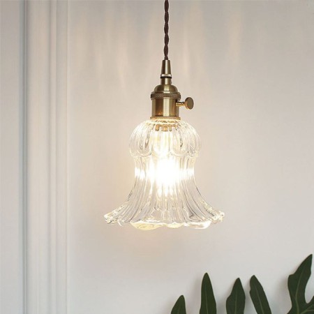 Clear Ribbed Glass Flower Shape Pendant Light Lamp With Twist Switch