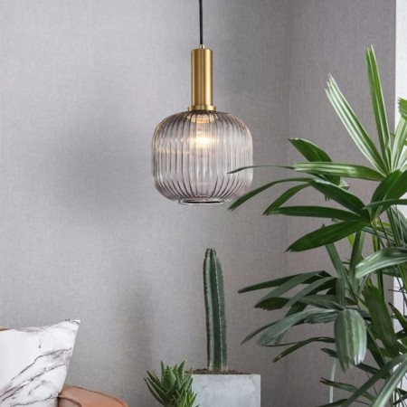 Pendant Light with Ribbed Glass and Brass Holder